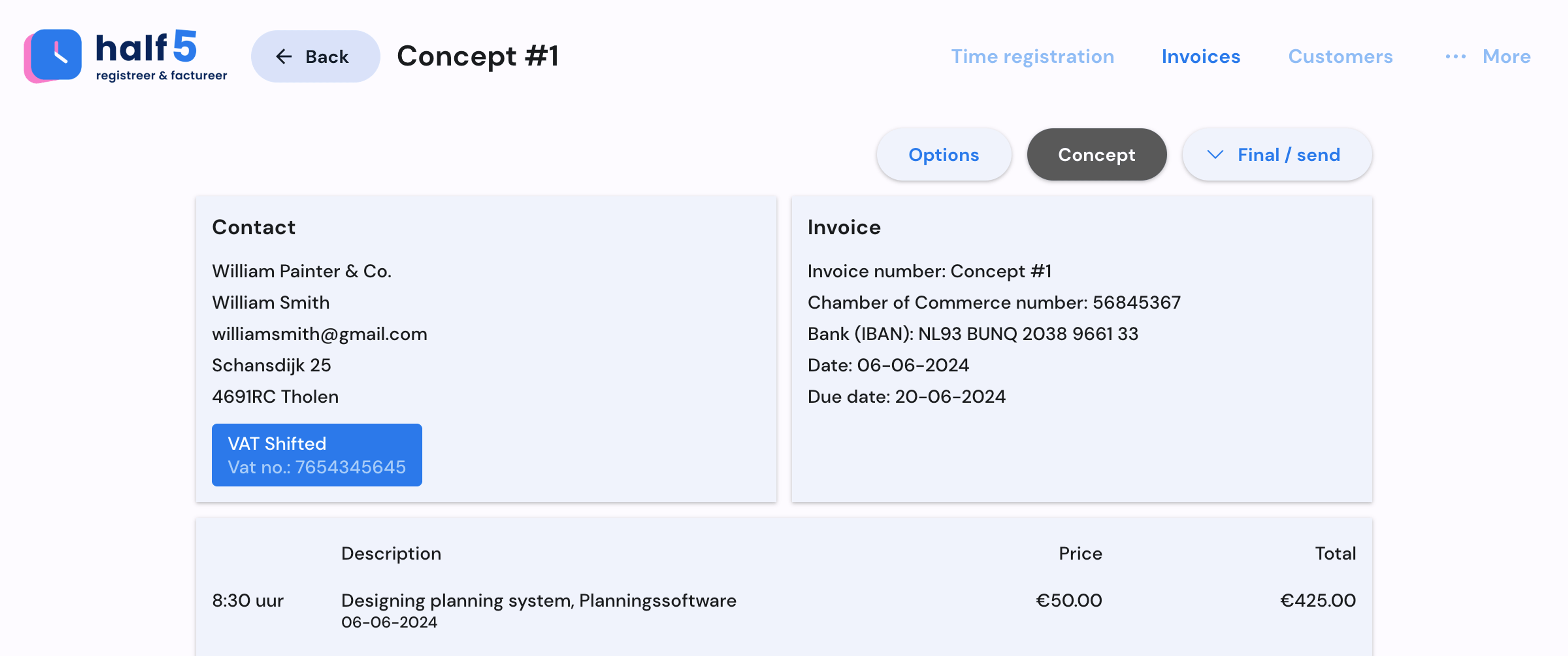 Overview of registered hours on desktop