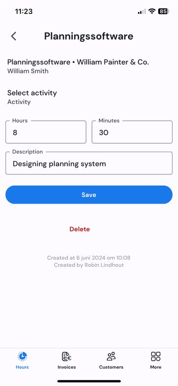 Details of registered hours on mobile